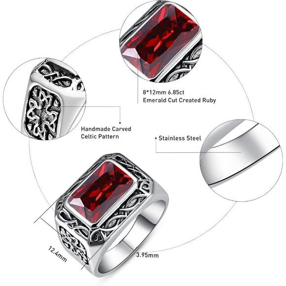 ⭐ Men's Stainless Steel Emerald Ring - Celtic Vintage Signet Wedding Band - Picture 4 of 8